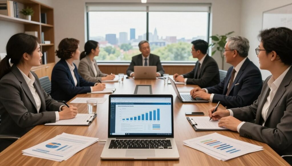A professional and inviting office environment in Pennsylvania, showcasing a conference room with a large wooden table surrounded by diverse professionals in business attire. In the foreground, a detailed view of a laptop and financial documents displaying graphs and figures related to owner-occupied loan options. The middle layer features a large window with natural light streaming in, revealing a view of Pennsylvania's skyline and greenery outside. The background includes shelves filled with books and decor that suggest a focus on commercial real estate. The overall atmosphere is one of collaboration and strategic planning, with warm lighting casting a welcoming glow. Shoot from a slightly elevated angle to capture the room's depth and vibrancy.