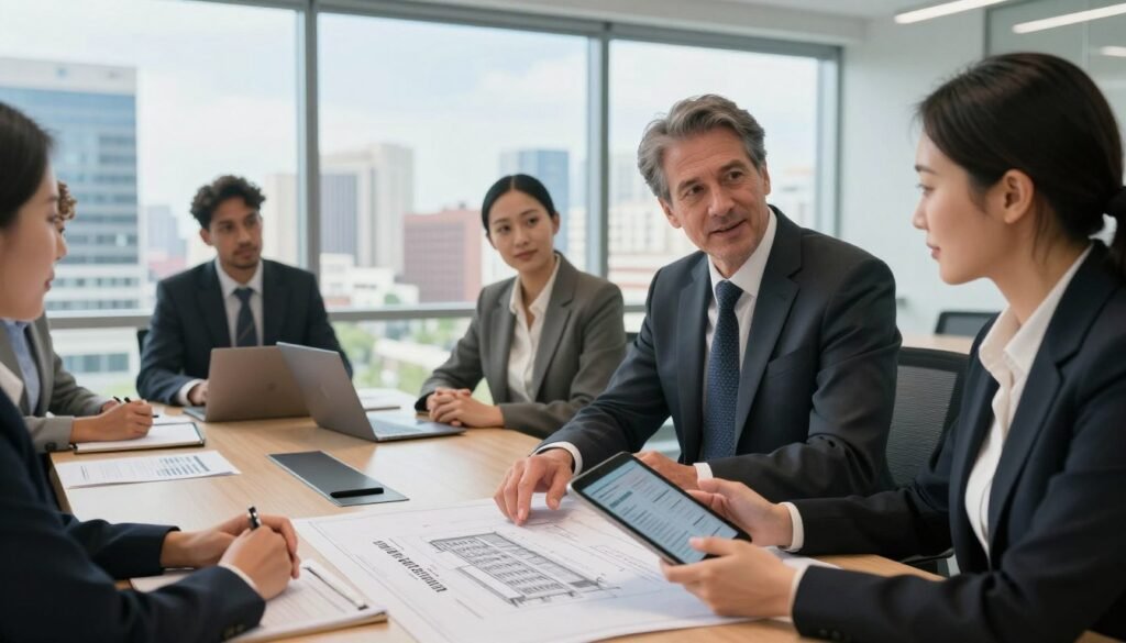A professional and modern office environment showcasing a diverse group of businesspeople in formal attire engaged in a discussion about acquisition loans for commercial real estate. In the foreground, a well-dressed Asian woman holds a tablet, emphasizing financial data, while a middle-aged Caucasian man gestures towards a blueprint of a commercial building on the table. In the middle ground, an elegant conference table with documents and a laptop hints at strategic planning. The background features a large window displaying a cityscape, showcasing various commercial buildings under a bright, clear sky. Soft, warm lighting enhances a collaborative and focused atmosphere, captured from a slightly elevated angle to provide depth and clarity.
