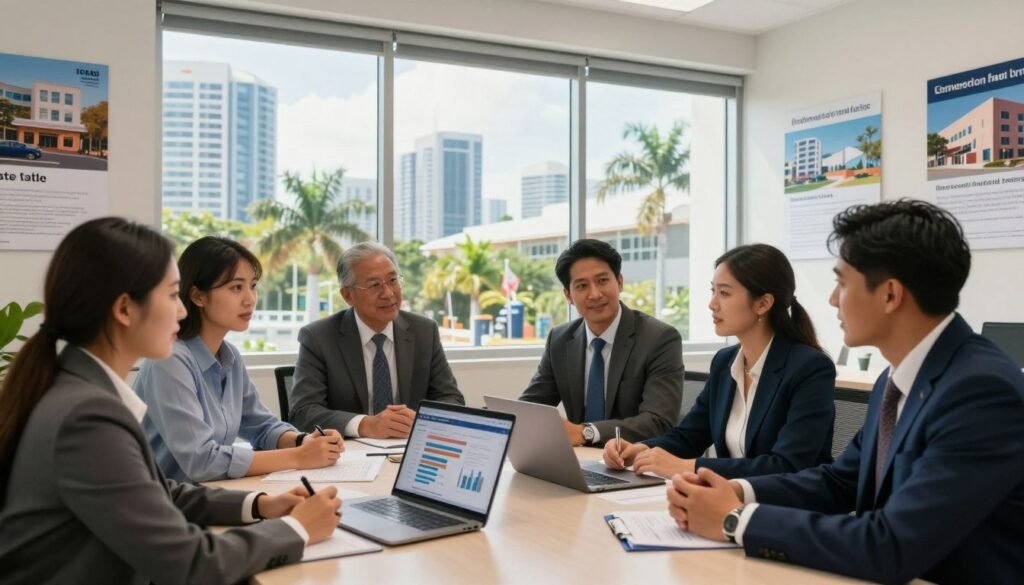 A professional and modern office environment showcasing various loan programs for commercial real estate. In the foreground, a diverse group of professionals in business attire, engaged in a discussion around a table filled with financial documents and a laptop displaying graphs related to different loan types. In the middle, large windows flood the room with natural light, revealing a view of Florida’s skyline and palm trees, emblematic of a vibrant market. The background features multiple posters or displays highlighting key property types like retail spaces, office buildings, and industrial parks. The atmosphere is collaborative, strategic, and optimistic, with a warm color palette to evoke a sense of opportunity in Florida's commercial real estate market.