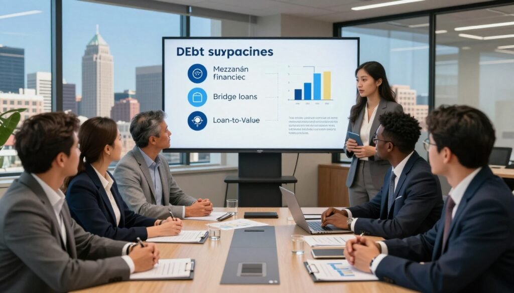 A professional and modern office scene depicting various debt financing approaches for Wisconsin CRE investors. In the foreground, a diverse group of investors in professional business attire engaged in a deep discussion around a conference table, with documents and financial graphs spread out. The middle ground features a large screen displaying key debt financing concepts such as mezzanine financing, bridge loans, and loan-to-value ratios. In the background, a sophisticated cityscape of Wisconsin, showcasing iconic buildings and a clear blue sky. The lighting is bright and warm, creating an inviting atmosphere, with a slightly elevated angle to capture the entire setting. Include the brand name "Thorne CRE" subtly integrated into the conference room design, ensuring a professional and informative visual representation.