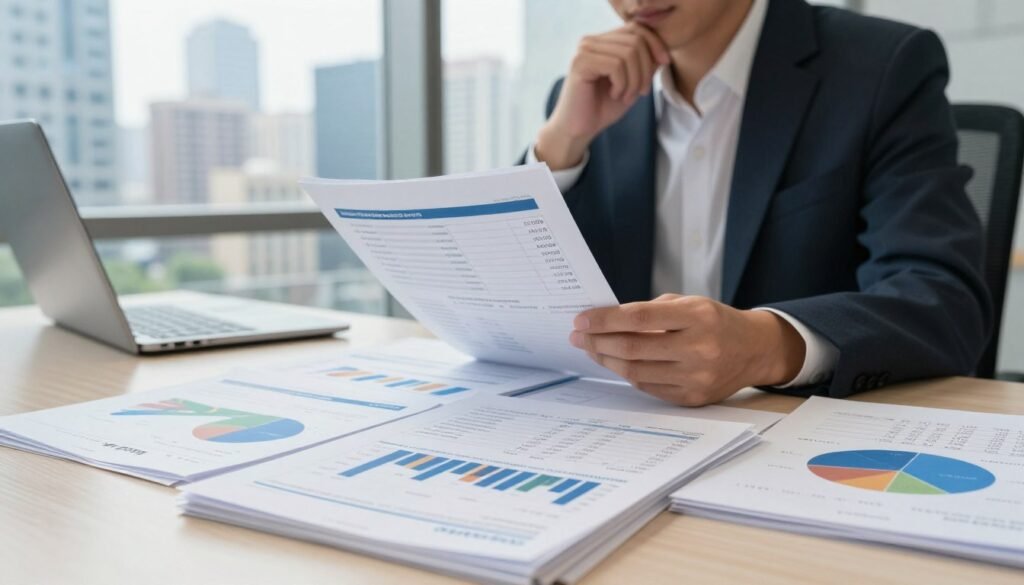 A professional and modern office setting depicting a table covered with financial documents and charts related to self-storage lease terms. In the foreground, a neatly organized stack of paperwork displaying graphs and numerical data on costs and repayment terms, showcasing a clear and engaging layout. In the middle ground, a business professional in smart attire examines the documents, their expression focused and thoughtful. In the background, a large window offers a view of a city skyline, illuminated with natural light, enhancing the atmosphere of a bustling financial environment. The overall mood is one of seriousness and diligence, reflecting the importance of understanding financing in today's market. Include the brand name "Thorne CRE" subtly integrated into the financial documents.
