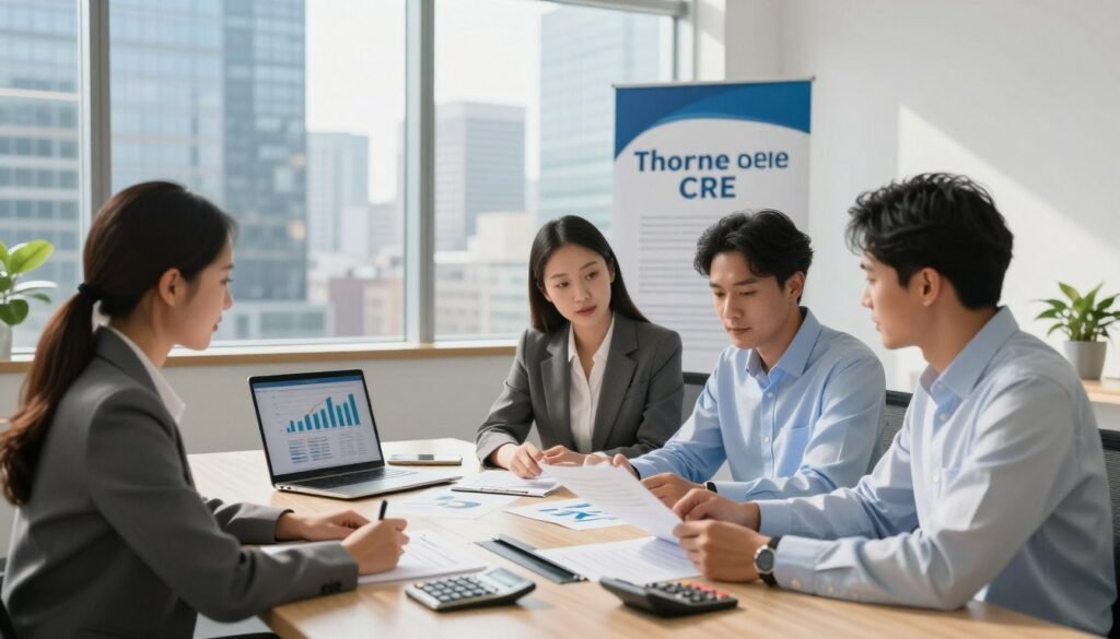 A professional and modern office setting depicting the loan approval process for self-storage financing. In the foreground, a diverse group of three individuals dressed in business attire, including a woman in a tailored suit and two men in smart shirts, are seated around a conference table, intensely discussing documents and charts. The middle layer features a laptop open with financial graphs displayed, alongside paperwork and a calculator. In the background, a large window showcases a cityscape with skyscrapers, reflecting the light of a bright, sunny day. Soft, natural lighting fills the room, creating an inviting atmosphere. The brand name "Thorne CRE" is subtly integrated into the scene on a wall banner in the background, enhancing the professional yet approachable mood.
