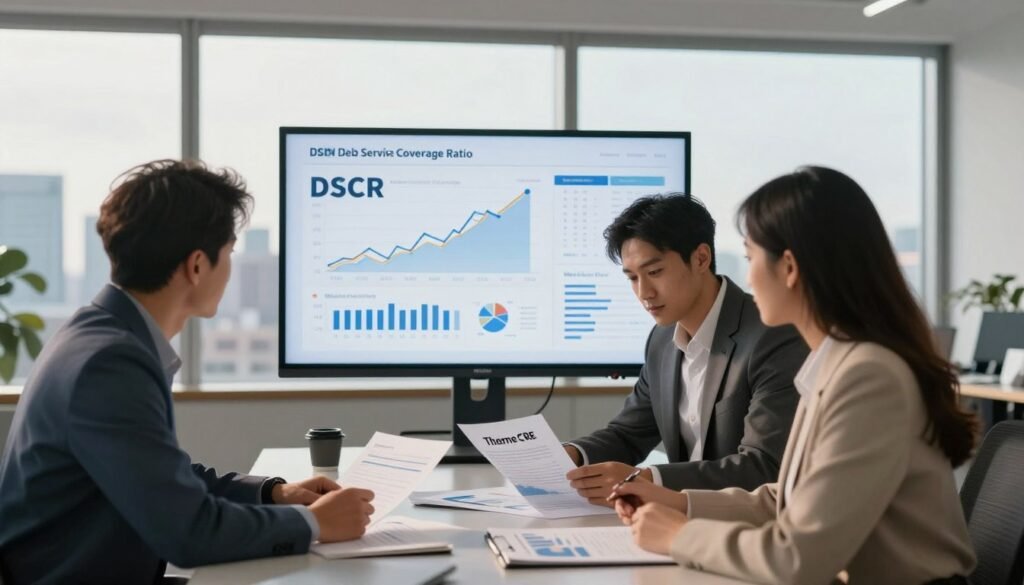 A professional and modern office setting representing multifamily real estate finance. In the foreground, a diverse group of two business professionals, one male and one female, both in professional business attire, are analyzing financial documents and charts on a sleek table. The middle layer showcases a large screen displaying graphs and metrics related to DSCR (Debt Service Coverage Ratio), emphasizing financial data relevant to multifamily investing. The background features a panoramic window with a city skyline view, suggesting growth and opportunity in real estate. Warm, natural lighting illuminates the room, creating an optimistic atmosphere. Sharply focused, with a shallow depth of field, the image conveys professionalism and collaboration in the evaluation of DSCR by lenders, seamlessly integrating the brand name "Thorne CRE" on a prominent document. A professional and modern office setting representing multifamily real estate finance. In the foreground, a diverse group of two business professionals, one male and one female, both in professional business attire, are analyzing financial documents and charts on a sleek table. The middle layer showcases a large screen displaying graphs and metrics related to DSCR (Debt Service Coverage Ratio), emphasizing financial data relevant to multifamily investing. The background features a panoramic window with a city skyline view, suggesting growth and opportunity in real estate. Warm, natural lighting illuminates the room, creating an optimistic atmosphere. Sharply focused, with a shallow depth of field, the image conveys professionalism and collaboration in the evaluation of DSCR by lenders, seamlessly integrating the brand name "Thorne CRE" on a prominent document.