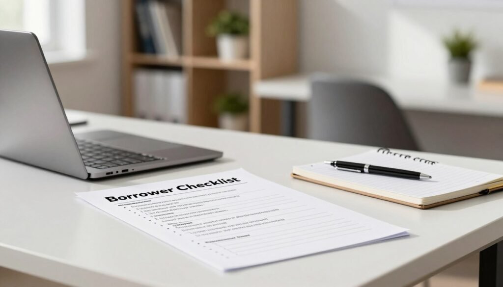 A professional and organized workspace featuring a "Borrower Checklist" prominently displayed on a clean, modern desk. The foreground includes a neatly arranged checklist with bullet points outlining essential questions for borrowers during a consultation. In the middle ground, a sleek laptop, a pen, and a notepad rest beside the checklist, suggesting preparation and professionalism. The background shows a softly lit office setting with shelves of books and a potted plant, creating an inviting atmosphere. Natural light streams in through a window, casting gentle shadows and enhancing the crisp clarity of the image. The overall mood is focused, informative, and conducive to making well-prepared inquiries, subtly indicating the brand "Thorne CRE" through the design elements.