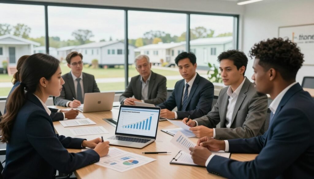 A professional and serene mobile home park financing scene set in a modern office environment. In the foreground, a diverse group of business professionals dressed in smart business attire, including a Hispanic woman and a Black man, are engaged in a discussion, analyzing charts and financial documents regarding mobile home park investments. In the middle, a large conference table displays a laptop with graphs showing financing options and value-add strategies. In the background, large windows provide natural light, revealing a peaceful view of mobile homes and green spaces outside, symbolizing the potential for growth. The atmosphere is focused and collaborative, capturing the essence of serious investment discussions. Soft lighting enhances the professional vibe. Thorne CRE logo subtly incorporated in an office design element.