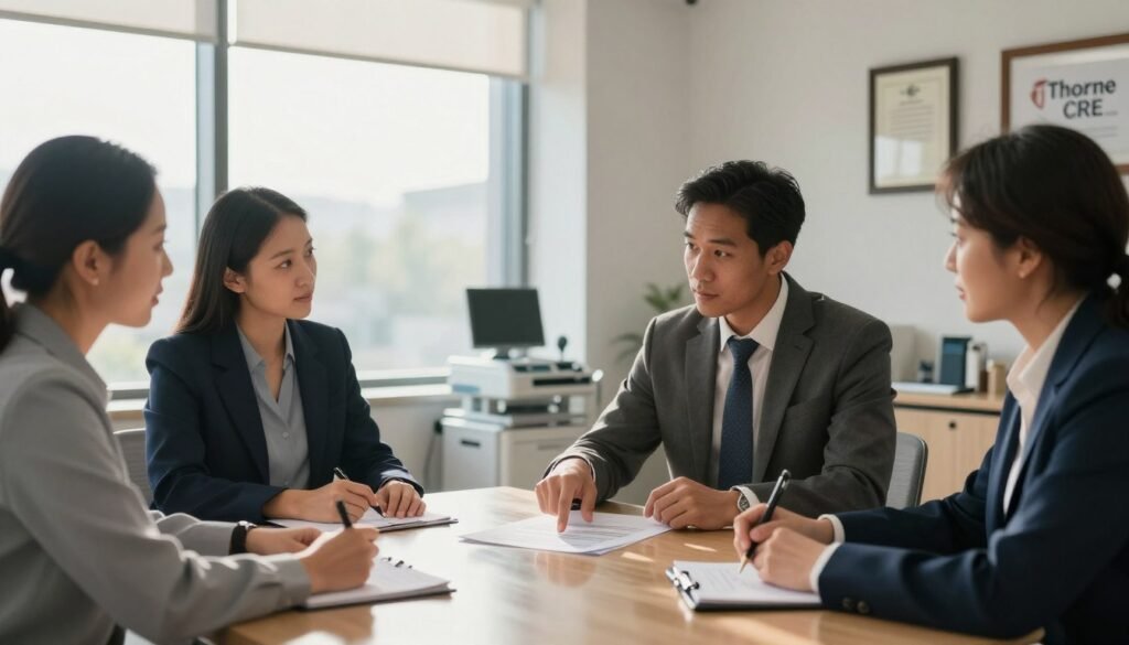A professional and sophisticated office setting showcasing a medical office financing discussion. In the foreground, a diverse group of three professionals, dressed in smart business attire, are engaged in a lively discussion around a glossy table. One person is pointing at financial documents, while another takes notes. In the middle, a large window lets in soft, natural light, illuminating the room with a warm ambiance and casting soft shadows. A modern medical office environment with sleek medical equipment and framed diplomas can be seen in the background, emphasizing the context of owner-occupied medical buildings. A tasteful logo reading "Thorne CRE" is subtly visible on a presentation board. The mood is focused and collaborative, highlighting the importance of practice financing options.