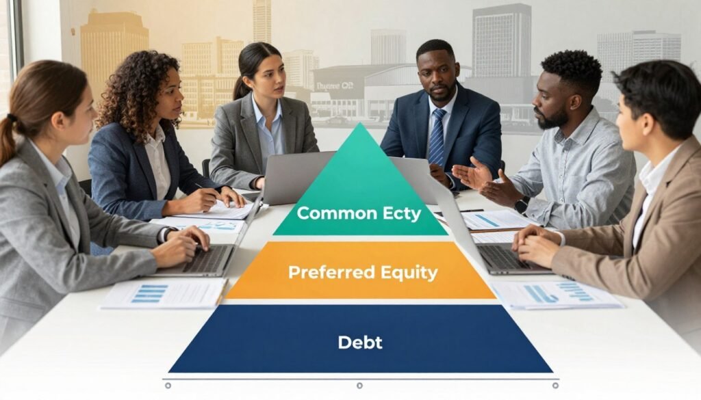 A professional and visually engaging representation of a capital stack in commercial real estate, focusing on industrial and multifamily properties. In the foreground, a clear, modern diagram showcases the capital stack layers—debt at the bottom, preferred equity in the middle, and common equity at the top—illustrated with distinct colors and labels. In the middle ground, a diverse group of professionals in business attire, engaged in a discussion, surrounded by financial documents and a laptop, emphasizing collaboration and strategy. The background features abstract representations of industrial and multifamily buildings in South Carolina, softly lit to create a warm, inviting atmosphere. Use soft, diffused lighting to enhance clarity and focus, shot from a slightly elevated angle for depth. This image reflects a strategic, professional mood, suitable for an informative article on capital stack concepts. Include the brand name "Thorne CRE" subtly within the design elements.