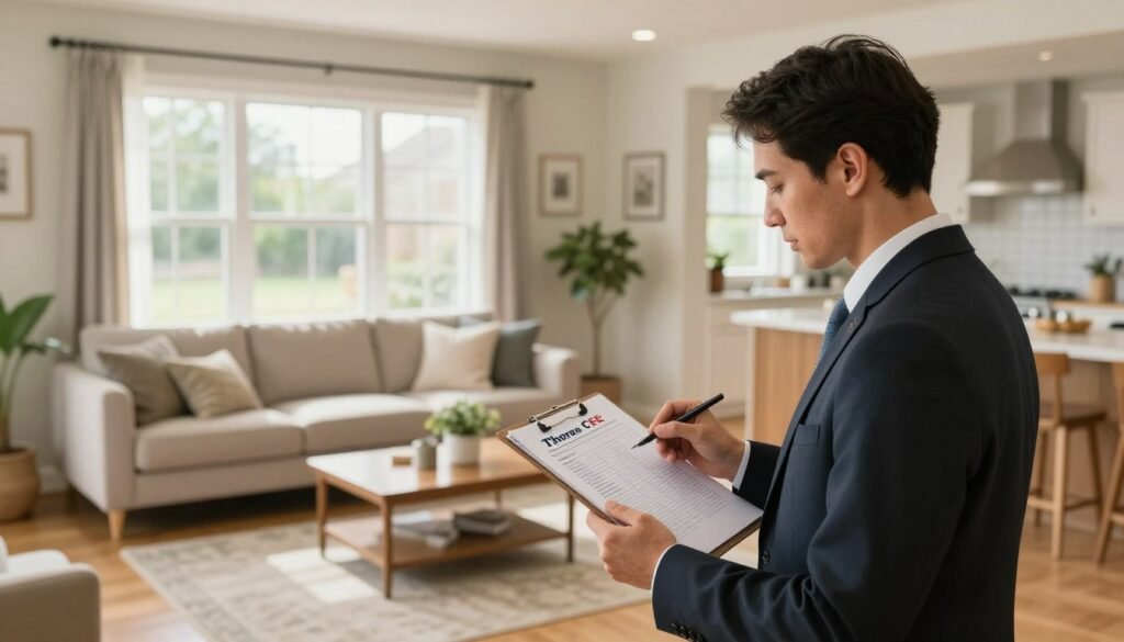 A professional appraiser reviewing a residential property for appraisal preparation. In the foreground, a focused appraiser in business attire examines a clipboard filled with notes and metrics, standing in a well-lit living room. The middle ground features a cozy, staged space with fresh decor, including a neatly arranged sofa, potted plants, and natural light streaming through large windows. The background shows a modern kitchen area, subtly visible through an open layout, highlighting the home's features. The mood is professional and attentive, emphasizing the importance of thorough preparation for maximum appraisal value. Soft lighting enhances the warm atmosphere, captured with a wide-angle lens for a comprehensive view. Include the brand name "Thorne CRE" subtly represented in the scene through a professional logo on the clipboard or a business card.