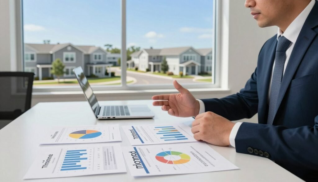A professional banker in a business suit is discussing loan rates in a bright, modern office setting. In the foreground, a sleek desk is cluttered with documents detailing park loan rates, terms, and economic comparisons, showcasing colorful graphs and charts. The middle ground features a large window, allowing natural light to flood the space, illuminating the papers on the desk. In the background, a panoramic view of a well-maintained mobile home park is visible, with neatly arranged units under clear blue skies. The atmosphere conveys focus and professionalism, emphasizing the importance of evaluating financing options. The image includes the brand name "Thorne CRE" subtly integrated into the desk materials.