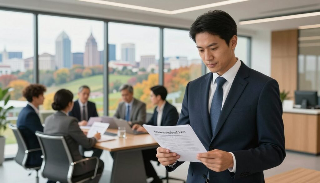 A professional banker in business attire stands confidently in the foreground, reviewing financial documents related to commercial real estate loans. In the middle ground, a sleek modern office space features large windows showcasing the Kentucky skyline, highlighting architectural landmarks and greenery. A diverse group of business professionals is engaged in a discussion around a conference table, emphasizing collaboration in financing options. The background captures the essence of Kentucky, with rolling hills and vibrant autumn foliage visible outside. Soft, warm lighting creates an inviting atmosphere, while the focus is sharp, emphasizing the details of the documents and the professionals' expressions. The overall mood conveys optimism and strategic planning in commercial real estate financing.
