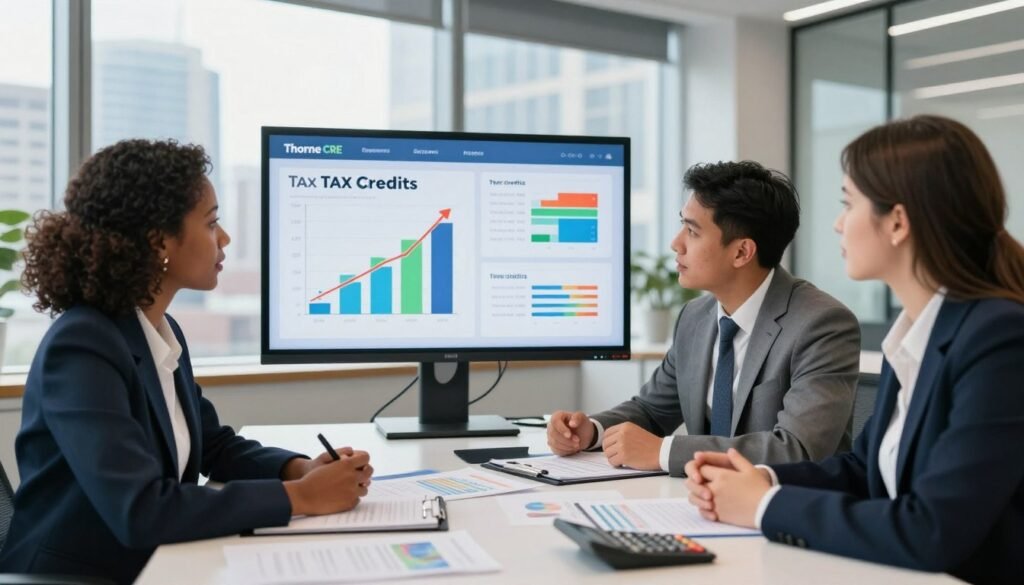 A professional business environment focused on tax credits in commercial real estate. In the foreground, a diverse group of three professionals in business attire (a Black woman, a Hispanic man, and a Caucasian woman) engaged in an animated discussion around a large table covered with financial documents and calculators. In the middle ground, a digital board displays graphs and charts illustrating tax credits and financial flows, capturing bright colors to signify growth and opportunity. In the background, a modern office with large windows showcasing a city skyline under soft natural lighting, creating an optimistic and collaborative mood. The scene reflects a scholarly atmosphere, emphasizing the importance of tax credits in real estate finance, with the brand name "Thorne CRE" subtly integrated into the digital board design.