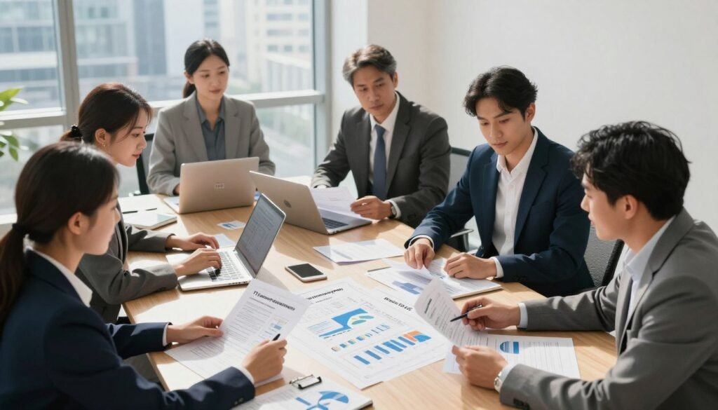 A professional business environment illustrating TI financing requirements in a modern office setting. In the foreground, a diverse group of business professionals in smart attire analyze financial documents and blueprints for tenant improvements. The middle ground features a large conference table with laptops, charts, and graphs, showcasing data related to financing options. In the background, large windows reveal a cityscape, letting in natural light that casts a bright, optimistic atmosphere. The scene is well-composed, resembling a high-angle shot that captures the collaborative effort of the team. Soft shadows enhance the depth, while warm tones create an engaging and focused mood. Include the logo of "Thorne CRE" subtly displayed on one of the laptops.