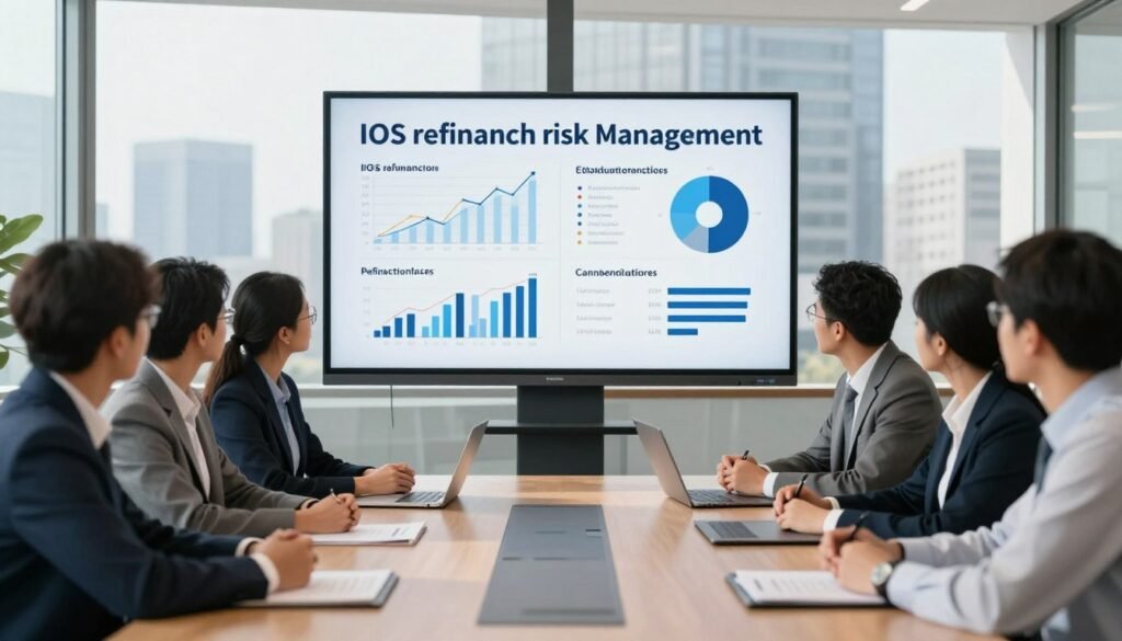 A professional business environment showcasing a modern conference room. In the foreground, a diverse group of business professionals dressed in formal attire, discussing refinancing strategies with focused expressions. The middle ground features a large, interactive digital display showing charts and graphs related to IOS refinancing risk management, with figures illustrating different risk scenarios. In the background, large windows provide natural light, revealing a city skyline, symbolizing progress and opportunity. The lighting is bright and clear, casting soft shadows. Create an atmosphere of collaboration and determination, emphasizing the importance of effective risk management in financial strategies. Ensure the branding "Thorne CRE" is subtly incorporated into the digital display graphics.