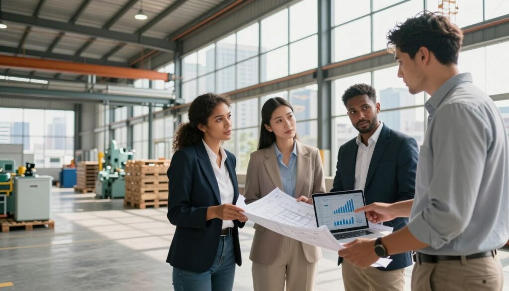 A professional business environment showcasing industrial property valuation. In the foreground, a diverse group of three business professionals in smart casual attire are examining a large architectural blueprint and a laptop displaying financial graphs. In the middle, a modern industrial warehouse filled with pallets and machinery is visible, highlighting its size and functionality. The background features a city skyline with cranes and construction, indicating ongoing development. Soft, natural light streams in through large windows, creating a dynamic and focused atmosphere. The lens captures an angled view, emphasizing both the warehouse's interior and the professionals' engaged discussion. The image should evoke a sense of thorough analysis and strategic planning, with the brand "Thorne CRE" subtly integrated into the scene.