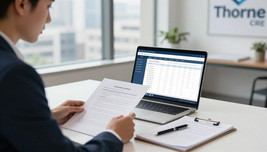 A professional business environment showcasing the acquisition financing application process. In the foreground, a well-dressed consultant in a sleek suit is seated at a modern desk, reviewing financial documents with a focused expression. In the middle, an open laptop displays a financial spreadsheet and a pen rests on a notepad filled with notes. The background features a large window with cityscape views, allowing natural light to flood the room, enhancing the ambiance. The mood is serious yet optimistic, emphasizing strategic planning and progress. Add hints of branding elements like "Thorne CRE" subtly integrated into the decor, such as a framed logo on the wall. The scene is captured with a soft-focus lens, highlighting the importance of the financing process in a clear, professional manner.