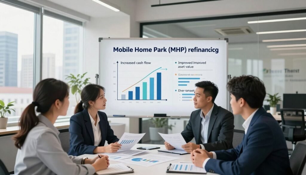 A professional business environment showcasing the strategic benefits of Mobile Home Park (MHP) refinancing. In the foreground, a diverse group of three professionals, dressed in business attire, are engaged in a collaborative discussion around a table filled with charts and financial documents. The middle layer features a large whiteboard displaying clear graphs and key benefits of refinancing, such as increased cash flow and improved asset value. In the background, a modern office space with large windows reveals a lively cityscape, with bright, natural light illuminating the scene. The mood is optimistic and focused, conveying a sense of opportunity. Include the brand name "Thorne CRE" subtly integrated into the office decor. Use a wide-angle lens to enhance depth and capture the collaborative atmosphere.