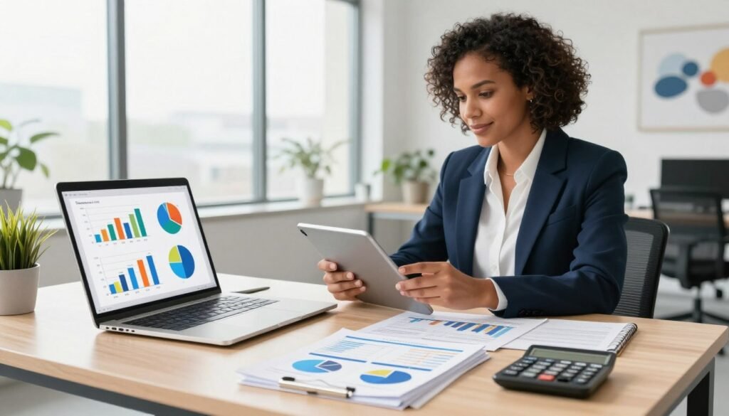 A professional business financial profile illustration featuring a well-organized desk scene in the foreground, with a laptop displaying colorful financial graphs and pie charts, a neatly arranged stack of financial reports and a calculator. In the middle, display a confident, ethnically diverse business person in professional attire, analyzing data on a tablet, showcasing a focused expression. The background should have a modern office setting with large windows allowing natural light to flood the space, creating a bright and positive atmosphere. The image should convey a sense of professionalism and clarity, emphasizing the importance of financial preparation. Incorporate subtle branding elements of "Thorne CRE" in the décor elements like a stylish wall art piece.