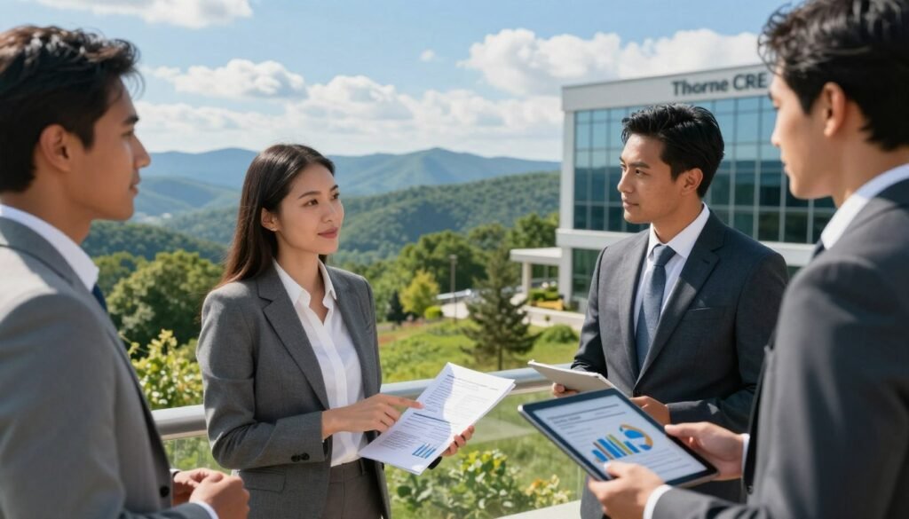 A professional business landscape depicting a diverse group of individuals in business attire discussing equity capital for commercial real estate in West Virginia. In the foreground, a confident woman points at financial documents, while a man beside her holds a tablet displaying graphs and charts. The middle ground features an iconic West Virginia mountain landscape, symbolizing opportunity and growth, with lush greenery and rolling hills under a bright blue sky. The background includes a modern commercial building representing investment potential. Natural lighting bathes the scene, creating an optimistic and collaborative atmosphere. The brand name "Thorne CRE" subtly integrated into the design of the building, emphasizing professionalism and purpose in the context of equity funding. A professional business landscape depicting a diverse group of individuals in business attire discussing equity capital for commercial real estate in West Virginia. In the foreground, a confident woman points at financial documents, while a man beside her holds a tablet displaying graphs and charts. The middle ground features an iconic West Virginia mountain landscape, symbolizing opportunity and growth, with lush greenery and rolling hills under a bright blue sky. The background includes a modern commercial building representing investment potential. Natural lighting bathes the scene, creating an optimistic and collaborative atmosphere. The brand name "Thorne CRE" subtly integrated into the design of the building, emphasizing professionalism and purpose in the context of equity funding.