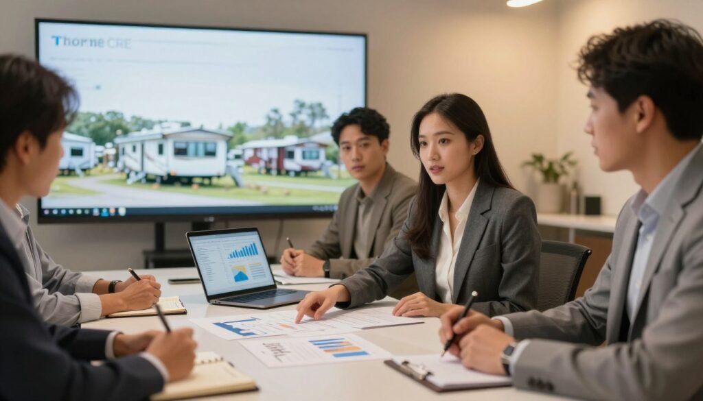 A professional business meeting environment focused on exit strategy planning, featuring a diverse group of business professionals engaged in discussion. In the foreground, there is a large table with documents, financial charts, and a laptop open, displaying graphs and data. A confident woman in a tailored suit points at the charts, while a man in a casual but smart outfit takes notes. In the middle ground, a window reveals a view of serene mobile home parks, symbolizing investment potential. The background is softly lit with warm, ambient light, creating a productive atmosphere. A large screen shows the brand “Thorne CRE” subtly. The overall mood is collaborative, strategic, and focused on planning for financial success.