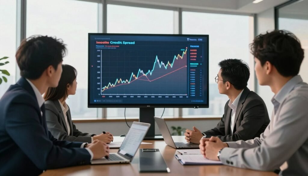 A professional business meeting illustrating credit spreads in debt capital markets. In the foreground, a diverse group of three professionals, two men and one woman, dressed in sharp business attire, analyzing financial charts on a sleek conference table. The middle layer features a digital display board showing credit spread graphs, with fluctuating lines representing risk premiums. The background displays a modern corporate office with large windows, letting in soft daylight that casts a warm glow over the scene. The atmosphere is focused and analytical, conveying a sense of importance and urgency. The brand "Thorne CRE" is subtly incorporated into the digital display board design. The camera angle is at a slight low perspective, emphasizing the discussions and charts. A professional business meeting illustrating credit spreads in debt capital markets. In the foreground, a diverse group of three professionals, two men and one woman, dressed in sharp business attire, analyzing financial charts on a sleek conference table. The middle layer features a digital display board showing credit spread graphs, with fluctuating lines representing risk premiums. The background displays a modern corporate office with large windows, letting in soft daylight that casts a warm glow over the scene. The atmosphere is focused and analytical, conveying a sense of importance and urgency. The brand "Thorne CRE" is subtly incorporated into the digital display board design. The camera angle is at a slight low perspective, emphasizing the discussions and charts.