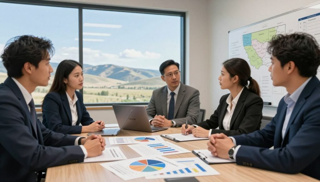 A professional business meeting in a contemporary conference room focused on regional market planning, featuring a group of four diverse professionals in business attire discussing strategies. In the foreground, a table with charts and graphs illustrating market trends and financing options specific to Montana commercial properties. The middle ground shows a large window revealing a scenic view of Montana’s landscapes, with rolling hills and a clear blue sky. The background features a whiteboard filled with ideas and maps highlighting key regions within Montana. Soft, natural lighting fills the room, creating a collaborative atmosphere. The logo "Thorne CRE" is subtly visible on a laptop screen. The composition is shot from a slightly elevated angle to capture the essence of teamwork and strategic planning.