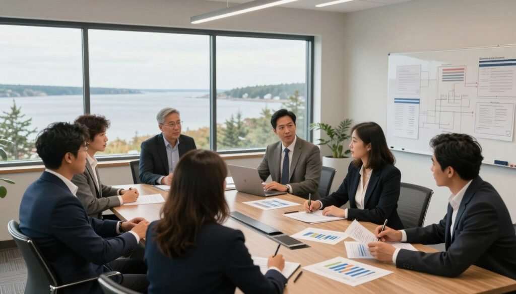 A professional business meeting in a modern office setting in Maine, showcasing the concept of equity in commercial real estate. In the foreground, diverse individuals in professional business attire are engaged in a collaborative discussion over charts and financial documents, symbolizing partnership and sponsorship. The middle ground features a large window with a view of Maine’s coastal landscape, reflecting local market execution and opportunities. Soft, natural lighting illuminates the space, with a warm and inviting atmosphere. In the background, a sleek conference table and a whiteboard filled with strategic plans create a sense of purpose and direction. Include the brand name "Thorne CRE" subtly integrated in the scene.