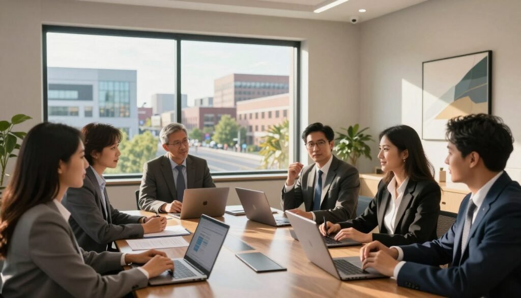 A professional business meeting scene centered around flexible financing solutions in commercial real estate. In the foreground, a diverse group of business professionals, men and women in smart business attire, engaged in a discussion with laptops and financial documents on a sleek conference table. The middle ground showcases a large window revealing a panoramic view of urban Wisconsin architecture, blending modern buildings with natural greenery. The background features soft, ambient lighting that creates a warm and inviting atmosphere, accented by contemporary artwork on the walls. The perspective is slightly elevated, creating depth, as sunlight pours in, highlighting the collaborative spirit of the team as they strategize to achieve their property and business goals.