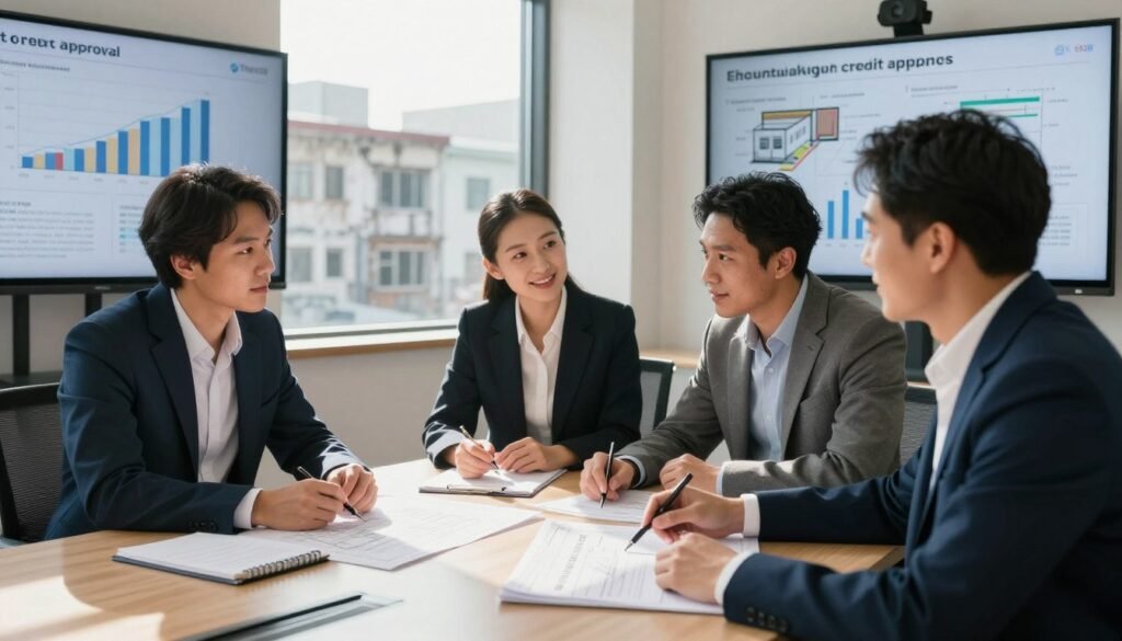 A professional business meeting scene focused on credit approval for converting existing buildings into self-storage. In the foreground, a diverse group of three individuals in business attire, including two men and one woman, are discussing blueprints and financial documents on a conference table. The middle features a large window showcasing an urban landscape with old buildings transformed into self-storage units. Natural daylight pours in, casting soft shadows across the table. The background includes a large screen displaying financial graphs and renovation plans. The mood is collaborative and optimistic, emphasizing a sense of progress and professionalism. The branding "Thorne CRE" should be subtly included, perhaps on a notepad or presentation materials visible on the table.