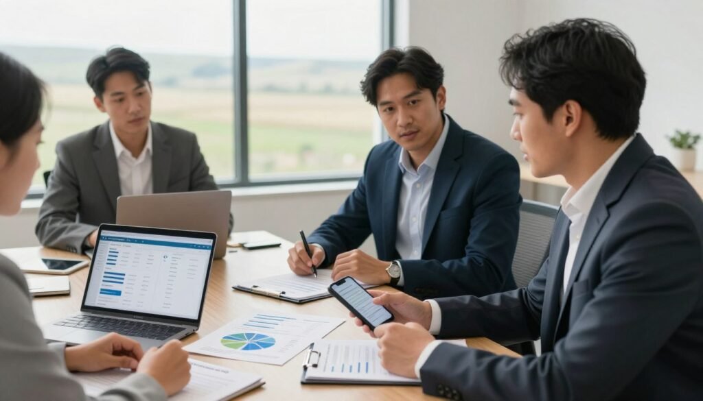 A professional business meeting scene focused on payments in the context of commercial real estate. In the foreground, a group of three diverse professionals, two men and one woman, dressed in business attire, are engaged in a discussion over paperwork and digital devices showing financial spreadsheets and payment options. The middle ground features a large conference table with charts and graphs about capital stacks and energy-linked investments, while a laptop displays a digital payment interface. In the background, a large window reveals a view of the Wyoming landscape, emphasizing the connection to the region's energy economy. Soft, natural lighting enters from the window, creating a productive and optimistic atmosphere. Include the brand name "Thorne CRE" subtly on one of the devices on the table, enhancing the professional context of the scene.