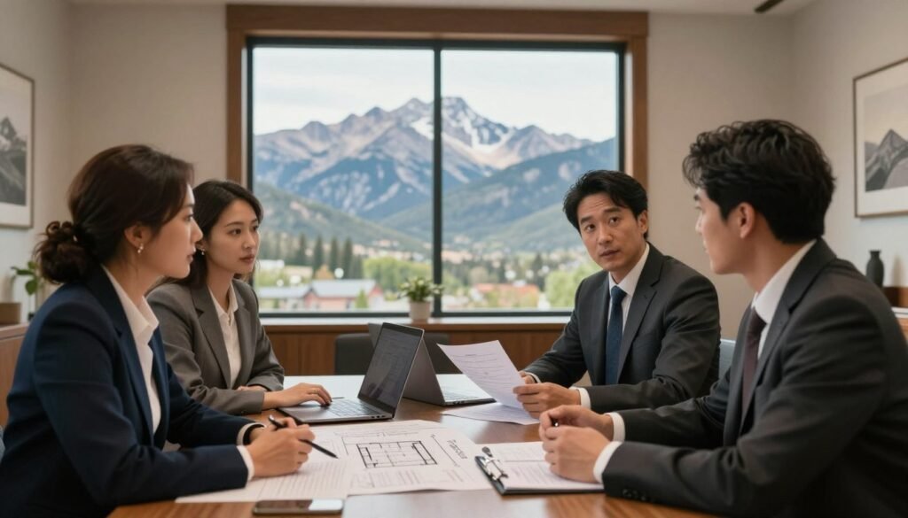 A professional business meeting scene focused on the commercial real estate lending process in Colorado. In the foreground, a diverse group of three professionals, two men and one woman, are discussing over a table filled with documents, blueprints, and a laptop. They appear engaged, wearing business attire. In the middle, a large window reveals a stunning view of Colorado's Rocky Mountains, adding a regional touch to the atmosphere. The background features an elegant office environment with wooden accents and modern decor, subtly emphasizing a blend of professionalism and comfort. Soft, natural lighting filters through the window, creating a warm and inviting mood, while a slight depth of field effect enhances focus on the people and documents.