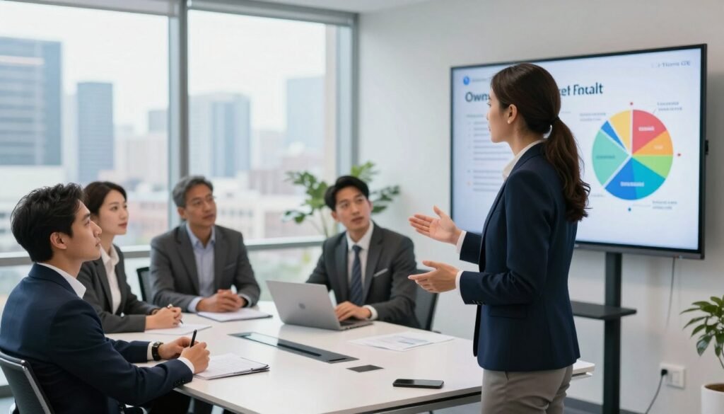 A professional business meeting scene in a modern office space showcasing an entrepreneur presenting real estate financing options. In the foreground, a businesswoman in professional attire stands confidently, gesturing towards a large screen displaying a colorful infographic about owner-user financing. In the middle, a sleek conference table surrounded by diverse business professionals, focused and engaged in discussion, all dressed in business attire. The background features large windows with a city skyline view, incorporating natural light and giving a sense of opportunity. The mood is inspiring and productive, emphasizing ambition and growth. The brand logo "Thorne CRE" subtly integrated into the presentation slide on the screen. High-resolution image with soft focus on the background and vibrant colors to highlight the topic effectively.