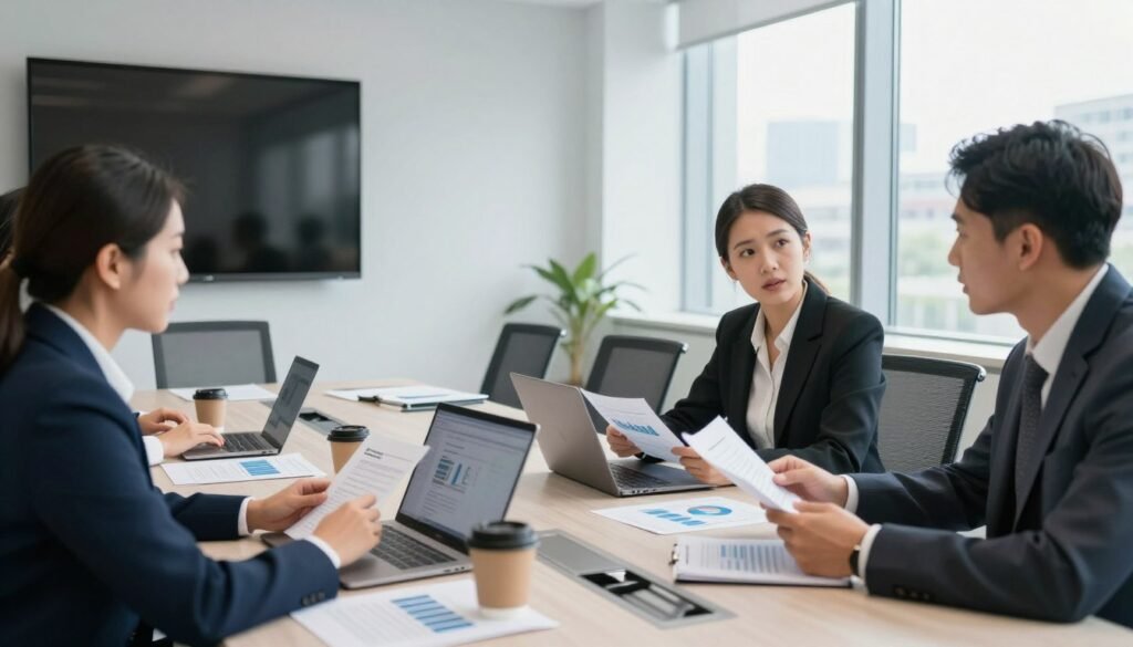 A professional business meeting scene set in a modern conference room. In the foreground, a diverse group of three business professionals—one male and two female—dressed in smart business attire, are engaged in discussion over financial documents, showcasing a sense of urgency and strategy. In the middle, a large table cluttered with laptops, charts, and coffee cups emphasizes the complexity of commercial financing decisions. The background features large windows allowing natural light to flood the room, with a cityscape visible outside, symbolizing opportunity and growth. The atmosphere is focused and intense, highlighting the critical nature of having a clear strategy in commercial lending. The brand name "Thorne CRE" is subtly represented in the design of the conference room.