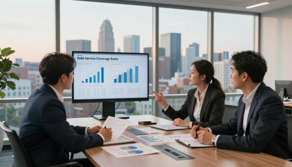 A professional business meeting scene set in a modern office overlooking a city skyline in Rhode Island. In the foreground, a diverse group of three individuals in business attire—two men and one woman—are engaged in a discussion around a large conference table with charts and financial documents spread out. In the middle ground, a digital display shows graphs and data related to debt service coverage ratios and cash flow. The background features a panoramic view of the Rhode Island skyline, with soft daylight streaming through large windows, creating a warm and inviting atmosphere. The lens should capture a slightly wide angle to encompass both the subjects and the city view, with a balanced composition that emphasizes teamwork and strategic planning in commercial real estate financing. The overall mood is professional and focused.