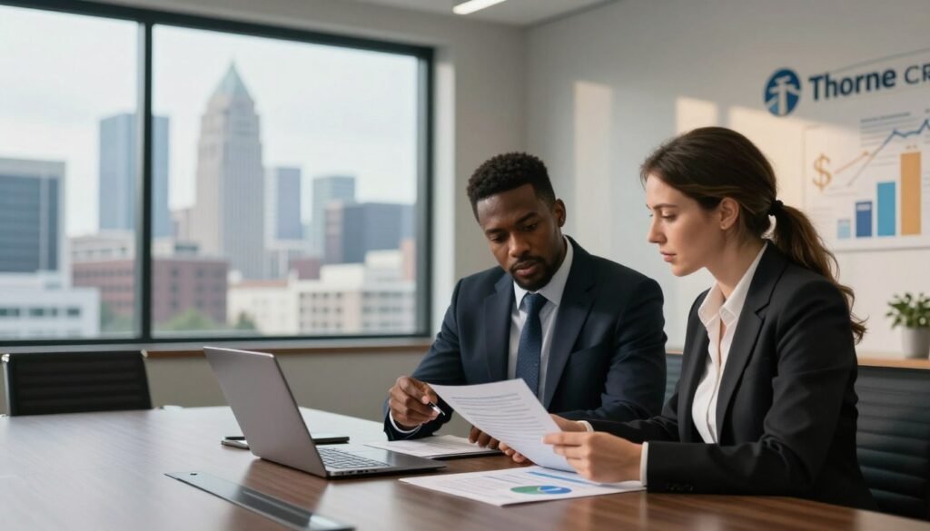 A professional business meeting scene set in a sleek, modern conference room. In the foreground, two individuals in smart business attire, a Black man and a Caucasian woman, are analyzing financial documents and discussing debt financing strategies, with a laptop and a financial chart visible on the table. The middle ground features a large window displaying a skyline of Alabama's major city, hinting at the commercial real estate landscape. In the background, abstract representations of financial concepts, such as graphs and dollar signs, subtly blend into the room's décor. Soft, natural lighting from the window casts a warm glow, creating a focused yet collaborative atmosphere. The overall mood conveys professionalism and strategic thinking in CRE financing. The logo "Thorne CRE" is subtly integrated into the design elements of the room, reinforcing the brand's presence. A professional business meeting scene set in a sleek, modern conference room. In the foreground, two individuals in smart business attire, a Black man and a Caucasian woman, are analyzing financial documents and discussing debt financing strategies, with a laptop and a financial chart visible on the table. The middle ground features a large window displaying a skyline of Alabama's major city, hinting at the commercial real estate landscape. In the background, abstract representations of financial concepts, such as graphs and dollar signs, subtly blend into the room's décor. Soft, natural lighting from the window casts a warm glow, creating a focused yet collaborative atmosphere. The overall mood conveys professionalism and strategic thinking in CRE financing. The logo "Thorne CRE" is subtly integrated into the design elements of the room, reinforcing the brand's presence.