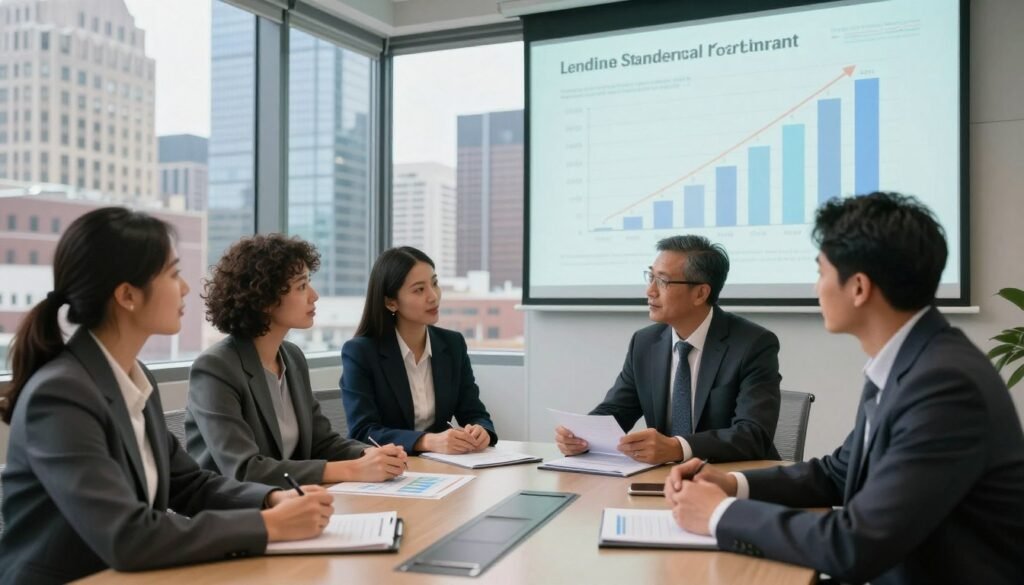 A professional business meeting scene showcasing credit in commercial real estate financing. In the foreground, a diverse group of four business professionals, dressed in sharp business attire, are engaged in a discussion around a sleek conference table, with documents and financial charts spread before them. In the middle, a large window reveals a bustling Indiana cityscape with modern skyscrapers, reflecting a vibrant economy. The background features a projector displaying graphs related to lending standards, credit terms, and investment returns, emphasizing the topic of the meeting. Soft, natural lighting streams in, creating a warm and optimistic atmosphere, captured from a slightly elevated angle to convey a sense of collaboration and focus on strategic decisions. A professional business meeting scene showcasing credit in commercial real estate financing. In the foreground, a diverse group of four business professionals, dressed in sharp business attire, are engaged in a discussion around a sleek conference table, with documents and financial charts spread before them. In the middle, a large window reveals a bustling Indiana cityscape with modern skyscrapers, reflecting a vibrant economy. The background features a projector displaying graphs related to lending standards, credit terms, and investment returns, emphasizing the topic of the meeting. Soft, natural lighting streams in, creating a warm and optimistic atmosphere, captured from a slightly elevated angle to convey a sense of collaboration and focus on strategic decisions.