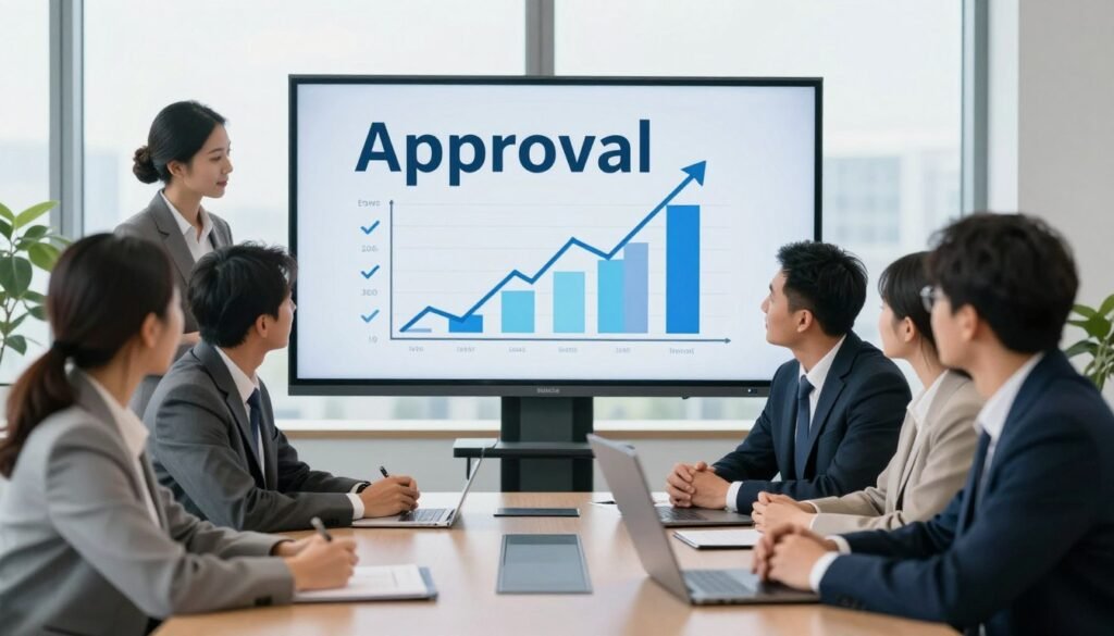 A professional business meeting scene showcasing the concept of "approval." In the foreground, a diverse group of business professionals is engaged in a discussion, all dressed in smart business attire. The middle section features a large screen displaying a graph with upward trends and checkmarks, symbolizing successful approvals. In the background, a modern office setting with large windows allowing soft, natural light to flood in, creating a bright and optimistic atmosphere. The composition captures a sense of collaboration and anticipation, with subtle reflections on glass surfaces to enhance depth. The mood is positive and encouraging, emphasizing teamwork and professional success. Include the brand name "Thorne CRE" subtly as part of the setting, perhaps on a business card on the table or as a sleek logo on the screen.