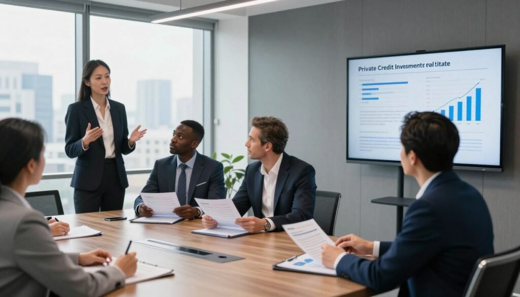 A professional business meeting set in a modern and sleek conference room, showcasing a diverse group of professionals in smart business attire engaged in dynamic discussion. In the foreground, a middle-aged Asian woman gestures confidently while presenting charts on a high-tech screen, emphasizing private credit investment opportunities in real estate. The middle ground captures two men, one Black and one Caucasian, analyzing financial documents and lending contracts, representing the competition between debt funds and banks. The background features large windows with a panoramic city view and sleek interior design elements, illuminated by natural light. The atmosphere is collaborative and focused, symbolizing the competitive nature of the financial industry, with the brand logo "Thorne CRE" subtly integrated into the scene.