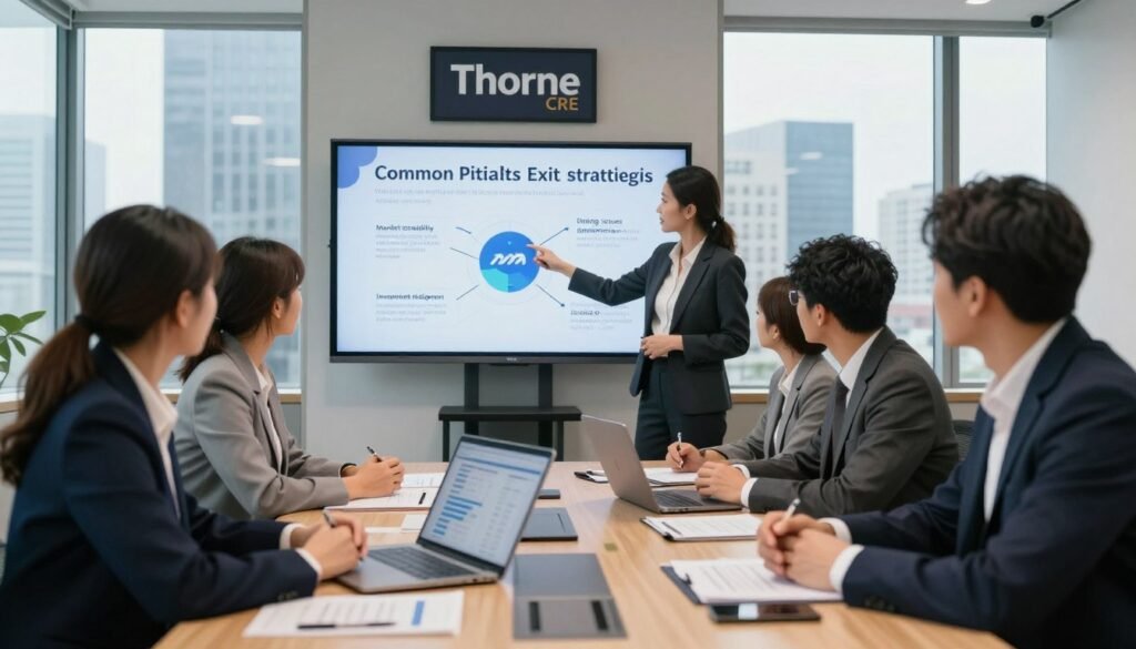 A professional business meeting setting in a modern office, focusing on a group of diverse business professionals in smart attire discussing bridge loan exit strategies. Foreground features a detailed conference table with documents, charts, and laptops showing data analysis. In the middle, a woman points at a large screen displaying common pitfalls illustrated creatively, such as "market volatility," "investment misalignment," and "timing issues." The background shows a framed logo of Thorne CRE and floor-to-ceiling windows revealing a city skyline. Soft, natural lighting bathes the scene, suggesting a serious yet collaborative atmosphere, with a slightly blurred depth of field to emphasize the discussion. A professional business meeting setting in a modern office, focusing on a group of diverse business professionals in smart attire discussing bridge loan exit strategies. Foreground features a detailed conference table with documents, charts, and laptops showing data analysis. In the middle, a woman points at a large screen displaying common pitfalls illustrated creatively, such as "market volatility," "investment misalignment," and "timing issues." The background shows a framed logo of Thorne CRE and floor-to-ceiling windows revealing a city skyline. Soft, natural lighting bathes the scene, suggesting a serious yet collaborative atmosphere, with a slightly blurred depth of field to emphasize the discussion.