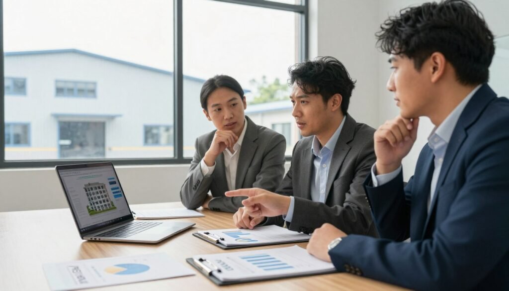 A professional business meeting setting indoors, featuring three individuals in business attire discussing financing options. The foreground shows a large table with financial documents, charts, and a laptop displaying a building conversion project. In the middle, the three characters—two men and one woman—are engaged in conversation, pointing to the screen and looking thoughtful. The background features a large window with a view of an industrial building being converted into a self-storage facility, signifying opportunity. The lighting is bright and natural, coming from the window, creating an optimistic and collaborative atmosphere. The brand name "Thorne CRE" subtly positioned on a notepad on the table. Use a standard lens perspective for clarity and focus.
