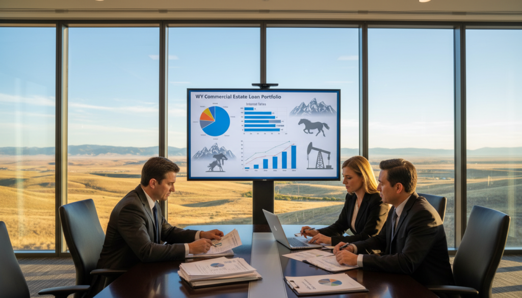 A professional business meeting taking place in a modern conference room, focused on commercial real estate lending in Wyoming. In the foreground, a diverse group of three business professionals, dressed in business attire, are engaged in discussion over financial documents and a laptop. The middle ground features a large presentation screen showing graphs and charts related to financing options for commercial properties, with images of Wyoming landmarks subtly integrated. The background showcases large windows revealing a picturesque view of Wyoming's rolling hills and a clear blue sky, casting soft natural light into the room. The atmosphere is collaborative and focused, capturing the strategic approaches essential for today’s market. The composition is shot from a slightly elevated angle to encompass the entire scene harmoniously. A professional business meeting taking place in a modern conference room, focused on commercial real estate lending in Wyoming. In the foreground, a diverse group of three business professionals, dressed in business attire, are engaged in discussion over financial documents and a laptop. The middle ground features a large presentation screen showing graphs and charts related to financing options for commercial properties, with images of Wyoming landmarks subtly integrated. The background showcases large windows revealing a picturesque view of Wyoming's rolling hills and a clear blue sky, casting soft natural light into the room. The atmosphere is collaborative and focused, capturing the strategic approaches essential for today’s market. The composition is shot from a slightly elevated angle to encompass the entire scene harmoniously.