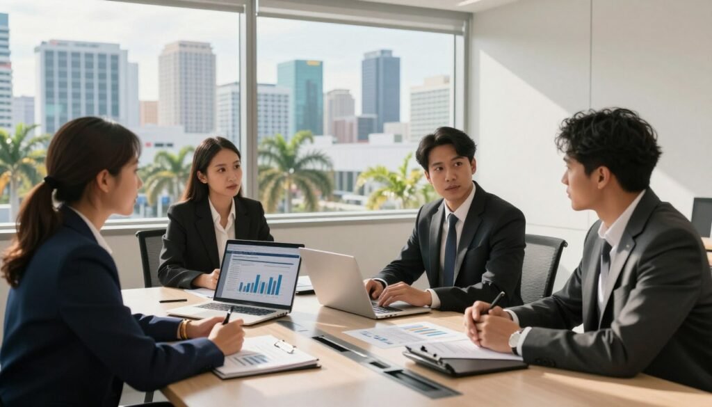 A professional business meeting taking place in a modern office, focused on the topic of commercial real estate loans. In the foreground, a diverse group of three individuals in professional business attire are engaged in a discussion around a sleek conference table filled with financial documents, charts, and a laptop showcasing property listings. The middle ground features a large window revealing a vibrant Florida skyline with palm trees and commercial buildings. In the background, soft, natural sunlight pours into the room, casting warm light across the scene, enhancing the atmosphere of collaboration and strategic planning. The image captures a sense of professionalism, focus, and modern financing solutions in the commercial real estate sector.