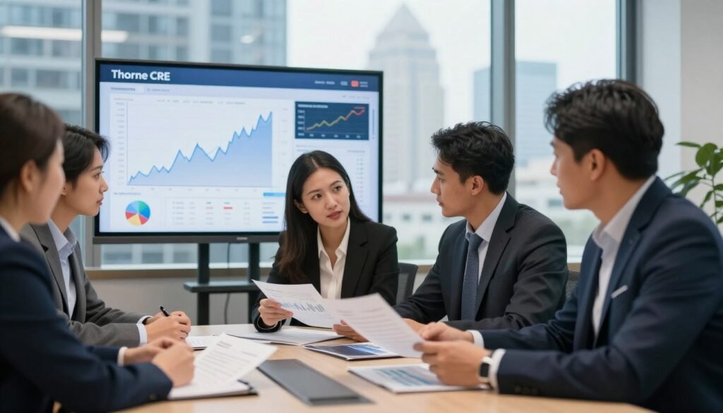 A professional business office environment depicting a diverse team of finance experts engaged in a discussion on distressed asset financing risk management. In the foreground, a group of three professionals in formal business attire, including a woman of Asian descent and a man of Hispanic descent, examining charts and financial documents on a large conference table. The middle ground shows a large screen with analytics and risk assessment graphs. In the background, large windows reveal a city skyline, hinting at high-stakes financial discussions. Soft, natural light filters in, creating an atmosphere of focused collaboration and strategic planning. The image subtly incorporates the brand name "Thorne CRE" in stylish branding on the conference table. Emphasize a serious yet hopeful mood reflecting risk management strategies and financial recovery.