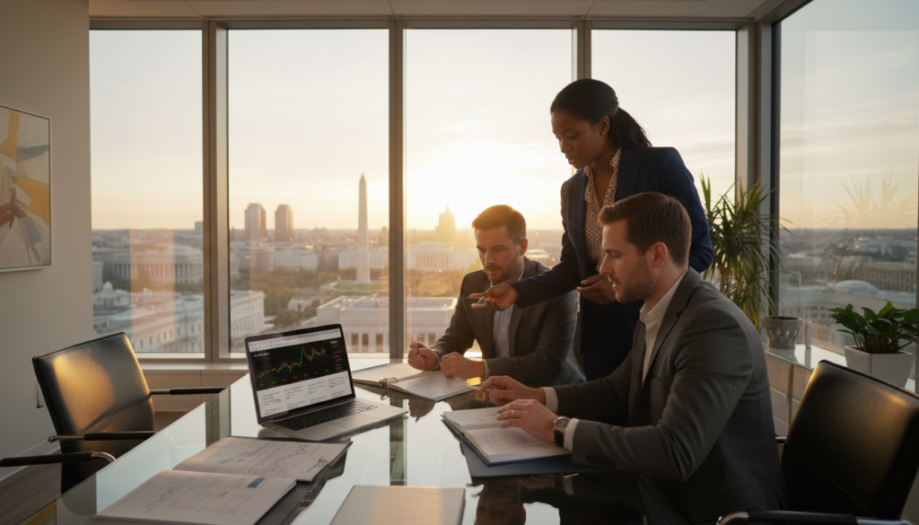 A professional business office environment focusing on commercial real estate financing. In the foreground, a sleek glass table displays various financial documents and a laptop showing fluctuating loan rates. The middle ground features a diverse group of three business professionals—one Black woman and two Caucasian men—dressed in smart business attire, discussing strategies with a sense of urgency and professionalism. In the background, large windows reveal a panoramic view of the Washington skyline, bathed in warm afternoon sunlight. The lighting enhances the mood of optimism and strategic planning, with shadows adding depth to the scene. Capture this dynamic atmosphere with a slightly elevated angle, showcasing the interaction between the professionals and the city beyond. A professional business office environment focusing on commercial real estate financing. In the foreground, a sleek glass table displays various financial documents and a laptop showing fluctuating loan rates. The middle ground features a diverse group of three business professionals—one Black woman and two Caucasian men—dressed in smart business attire, discussing strategies with a sense of urgency and professionalism. In the background, large windows reveal a panoramic view of the Washington skyline, bathed in warm afternoon sunlight. The lighting enhances the mood of optimism and strategic planning, with shadows adding depth to the scene. Capture this dynamic atmosphere with a slightly elevated angle, showcasing the interaction between the professionals and the city beyond.
