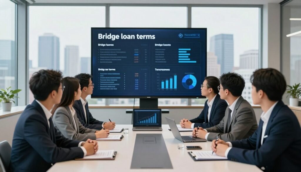 A professional business scene depicting the concept of "bridge loan terms" in commercial real estate. In the foreground, a diverse group of business people dressed in sleek, professional attire are engaged in a discussion around a modern conference table filled with financial documents and a laptop displaying graphs. The middle ground features a large digital display showcasing key data points and infographics related to bridge loans. In the background, a large window overlooks an urban skyline, symbolizing growth and opportunity. The lighting is bright, with an emphasis on clarity and professionalism, suggesting a sense of urgency and decision-making. The overall mood is focused and dynamic, encapsulating the fast-paced nature of securing capital. The brand name "Thorne CRE" is subtly represented in the design elements of the conference room. A professional business scene depicting the concept of "bridge loan terms" in commercial real estate. In the foreground, a diverse group of business people dressed in sleek, professional attire are engaged in a discussion around a modern conference table filled with financial documents and a laptop displaying graphs. The middle ground features a large digital display showcasing key data points and infographics related to bridge loans. In the background, a large window overlooks an urban skyline, symbolizing growth and opportunity. The lighting is bright, with an emphasis on clarity and professionalism, suggesting a sense of urgency and decision-making. The overall mood is focused and dynamic, encapsulating the fast-paced nature of securing capital. The brand name "Thorne CRE" is subtly represented in the design elements of the conference room.