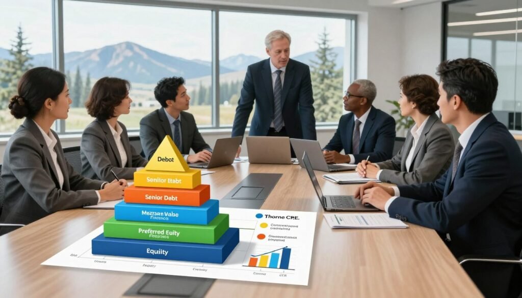 A professional business setting depicting a diagram of a capital stack strategy in the context of Idaho commercial properties. In the foreground, detailed 3D graphs and charts illustrating layers of debt and equity financing, showcasing various components like senior debt, mezzanine financing, preferred equity, and common equity. The middle ground features a diverse group of professionals in business attire, engaged in a discussion around a sleek conference table with laptops and financial documents. The background consists of a modern office environment with large windows, offering a view of Idaho’s landscape, including mountains and pine trees. Bright yet focused lighting enhances the serious atmosphere. The overall mood is dynamic and collaborative, emphasizing strategy and financial planning. Include the brand name “Thorne CRE.”