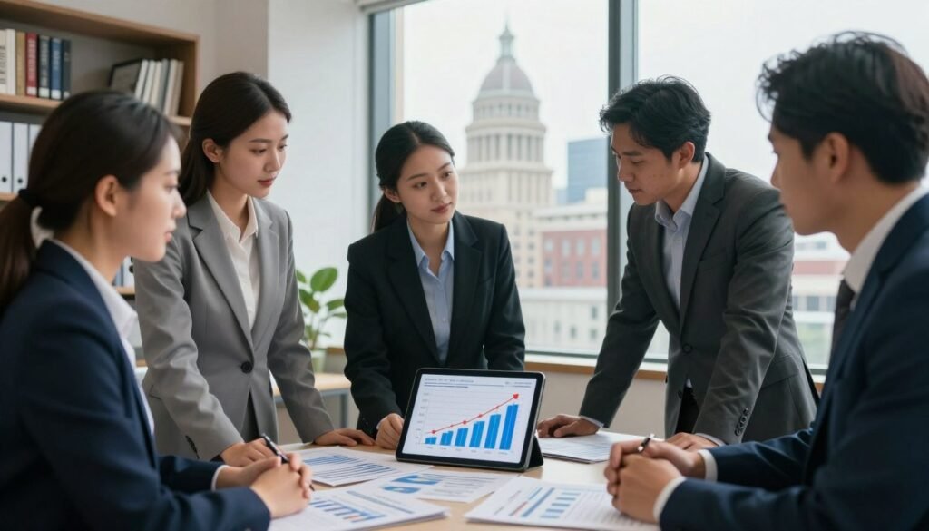 A professional business setting depicting a modern office environment in Mississippi, visually emphasizing commercial mortgage rates. In the foreground, a diverse group of four business professionals in business attire, standing around a table covered with financial documents and a digital tablet displaying rising mortgage rate graphs. In the middle ground, a large window reveals a view of a bustling cityscape with iconic Mississippi architecture. The background features shelves filled with books about real estate and finance. Soft, natural light floods the room, creating an atmosphere of collaboration and strategy. The lens captures a slight depth of field, highlighting the professionals while softly blurring the background elements to keep the focus on the theme of mortgage rates.