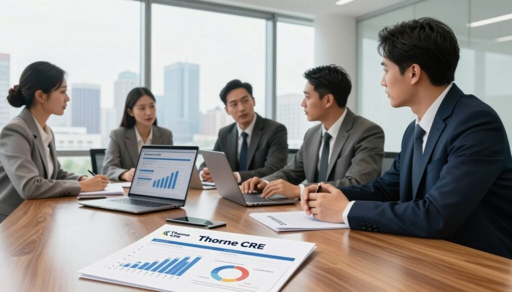 A professional business setting depicting common equity shares in commercial real estate. In the foreground, a polished wooden conference table with financial documents, charts, and a laptop showcasing equity structures. Middle ground features a diverse group of four business professionals, two men and two women, in formal business attire discussing in an engaged manner, emphasizing collaboration. Background includes a large window with a city skyline view, casting natural light into the room. The mood is focused, with a sense of teamwork and professionalism. The image should subtly include the branded logo "Thorne CRE" on a document in the foreground, ensuring it integrates seamlessly into the scene. Lighting is bright and clear, with a slight depth of field to enhance the subjects.