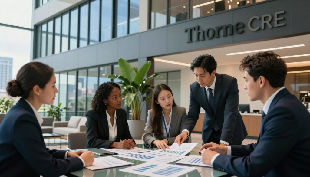 A professional business setting depicting the Arkansas Capital Corporation office, showcasing modern architecture with a sleek façade, windows reflecting the blue sky. In the foreground, a diverse group of four business professionals in business attire discuss a strategic plan, pointing at charts and financial documents spread on a glass table. The middle features large potted plants, minimalist furniture, and a view through the windows showing the Arkansas skyline in the distance. In the background, an elegantly designed logo of "Thorne CRE" is subtly illuminated, promoting an atmosphere of collaboration and development. Soft, natural lighting streams in, creating a warm and inviting mood conducive to community development and real estate investment. Capture the scene from a low angle to emphasize the professionals and enhance the ambiance of teamwork and innovation.
