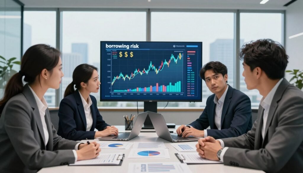 A professional business setting depicting the concept of "borrowing risk." In the foreground, a diverse group of three individuals in smart business attire—two men and one woman—are engaged in a serious discussion around a large table filled with financial documents and charts. In the middle ground, a digital screen displays fluctuating graphs and monetary symbols, illustrating risk factors. The background features a sleek office environment with large windows overlooking a city skyline, casting soft natural light into the space. The atmosphere is tense yet focused, suggesting the critical nature of managing risks to ensure portfolio growth. The scene reflects a modern, high-stakes financial environment, branded subtly with “Thorne CRE” on the documents. A professional business setting depicting the concept of "borrowing risk." In the foreground, a diverse group of three individuals in smart business attire—two men and one woman—are engaged in a serious discussion around a large table filled with financial documents and charts. In the middle ground, a digital screen displays fluctuating graphs and monetary symbols, illustrating risk factors. The background features a sleek office environment with large windows overlooking a city skyline, casting soft natural light into the space. The atmosphere is tense yet focused, suggesting the critical nature of managing risks to ensure portfolio growth. The scene reflects a modern, high-stakes financial environment, branded subtly with “Thorne CRE” on the documents.
