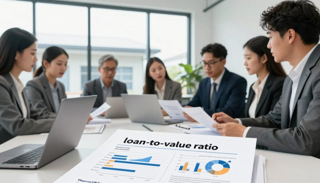A professional business setting depicting the concept of "loan-to-value ratio." In the foreground, a modern office desk with financial charts and documents illustrating LTV calculations, with a sleek laptop open. In the middle, a diverse group of professionals dressed in business attire engaged in a discussion, analyzing the charts with focused expressions. The background showcases a large window with a view of a small market self-storage facility, subtly visible outside to emphasize the article's theme. Soft, natural lighting floods the office, creating a bright and inviting atmosphere. The camera angle is slightly elevated, capturing both the interaction among the professionals and the storage facility in the distance. Include the brand name "Thorne CRE" subtly represented on the documents.